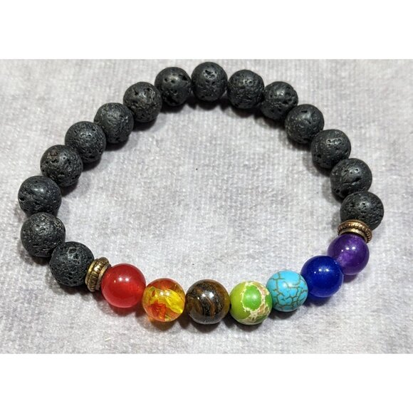 Chakra Rainbow Gemstone And Volcanic Rock Beaded Stretch Bracelet - Picture 3 of 4